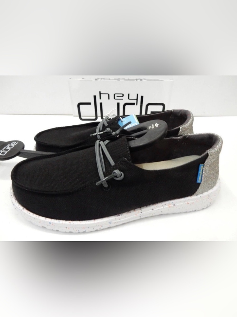 Hey Dude Wendy Black Canvas Slip-On with Glitter Heel Youth 5-6 new with tags!